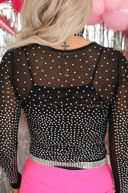 Black Rhinestone Embellished Mesh Long Sleeve Bodysuit LC6421555-2
