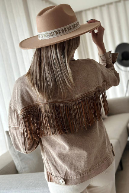 Brown Rhinestone Fringed Cowgirl Fashion Denim Jacket LC788382-17