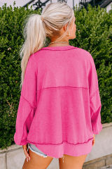 Strawberry Pink Drop Shoulder Henley Buttons Sweatshirt