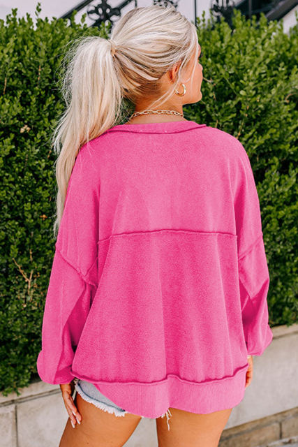 Strawberry Pink Drop Shoulder Henley Buttons Sweatshirt
