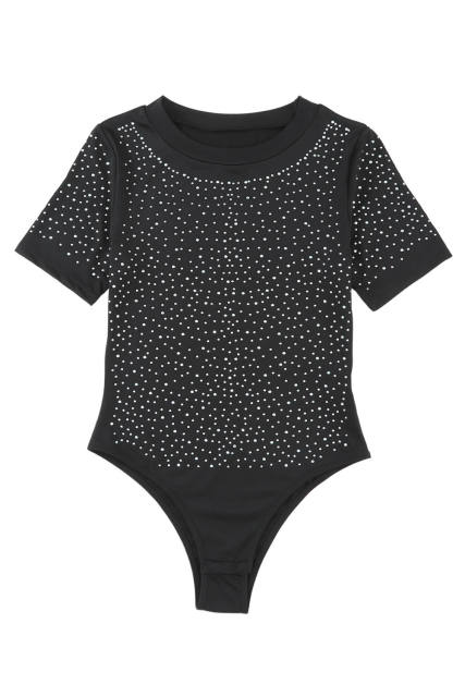 Black Rhinestone Allover Round Neck Short Sleeve Bodysuit LC6421365-2