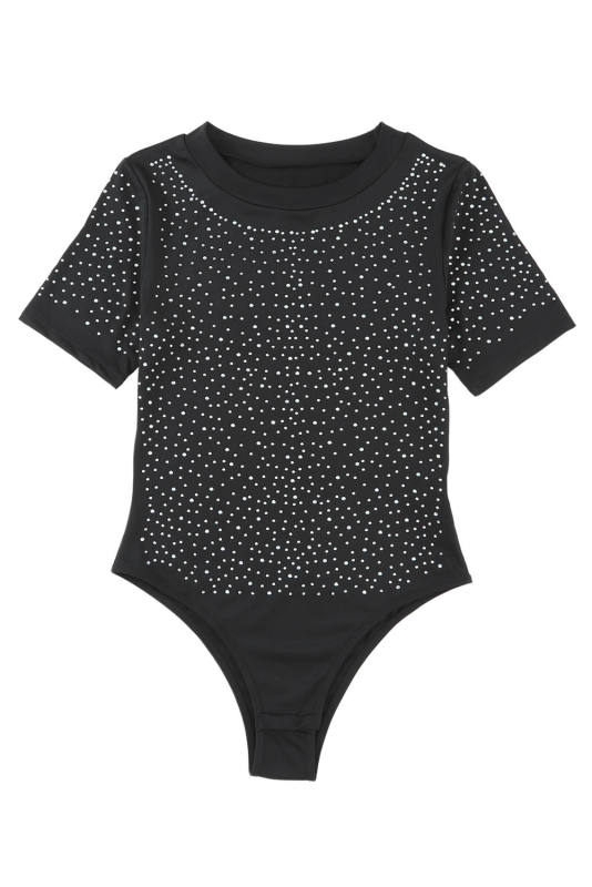 Black Rhinestone Allover Round Neck Short Sleeve Bodysuit LC6421365-2