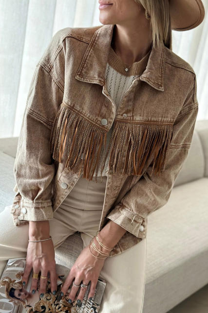 Brown Rhinestone Fringed Cowgirl Fashion Denim Jacket LC788382-17