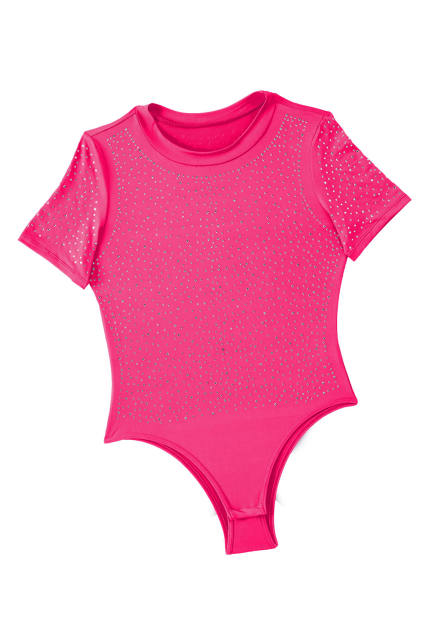 Rose Rhinestone Allover Round Neck Short Sleeve Bodysuit LC6421365-6