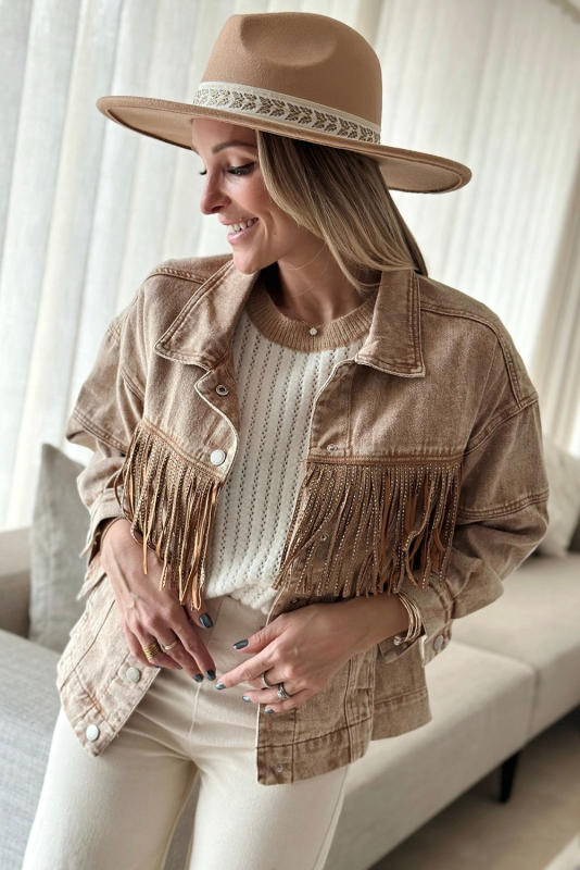 Brown Rhinestone Fringed Cowgirl Fashion Denim Jacket LC788382-17