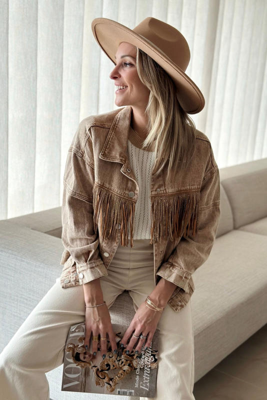 Brown Rhinestone Fringed Cowgirl Fashion Denim Jacket LC788382-17