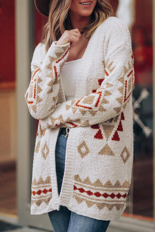 White Aztec Pattern Open Knitted Cardigan