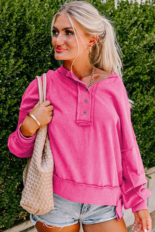 Strawberry Pink Drop Shoulder Henley Buttons Sweatshirt