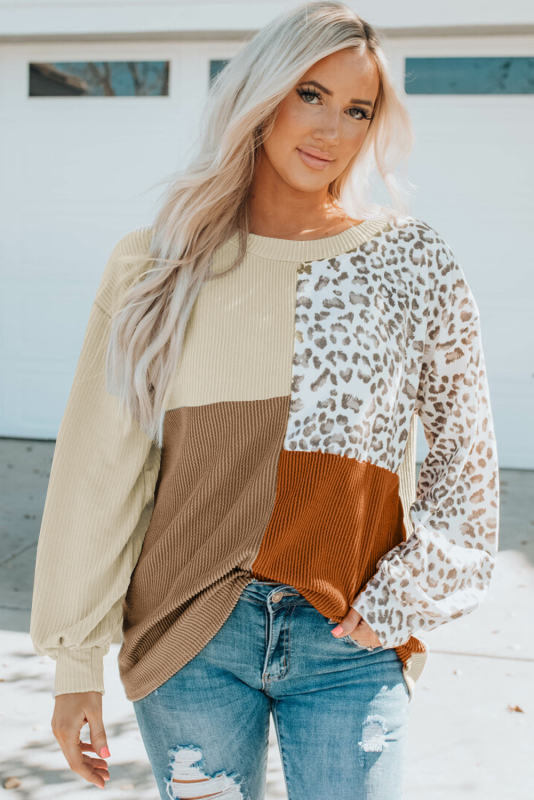 Khaki Leopard Patchwork Color Block Ribbed Long Sleeve Top