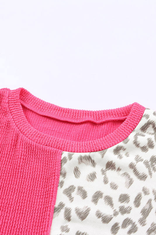 Rose Leopard Patchwork Color Block Ribbed Long Sleeve Top