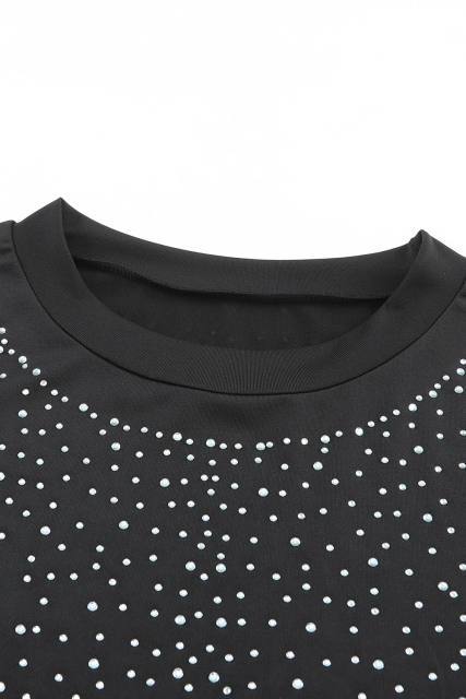 Black Rhinestone Allover Round Neck Short Sleeve Bodysuit LC6421365-2