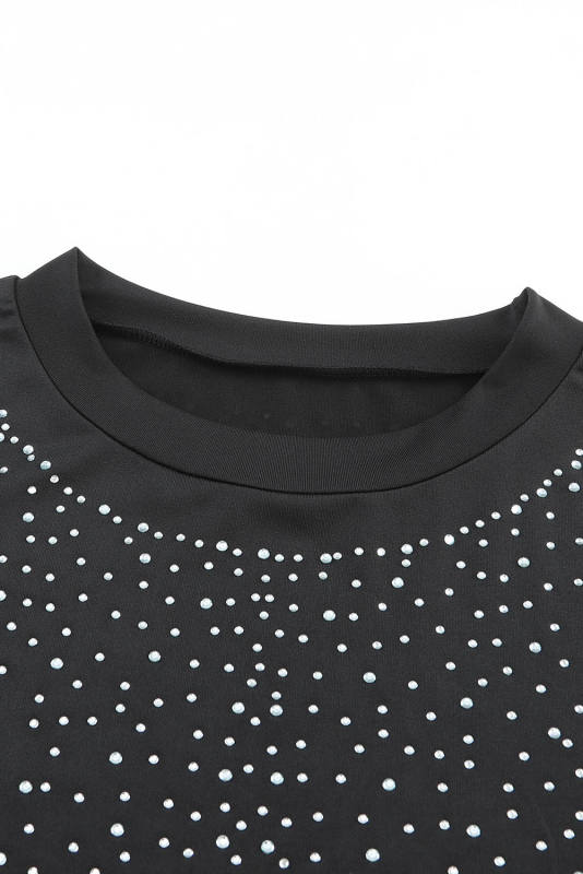 Black Rhinestone Allover Round Neck Short Sleeve Bodysuit LC6421365-2