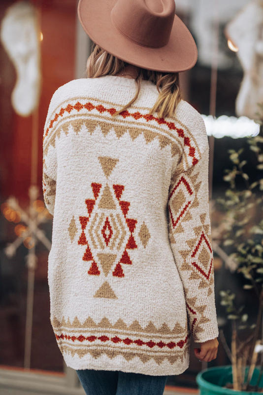 White Aztec Pattern Open Knitted Cardigan