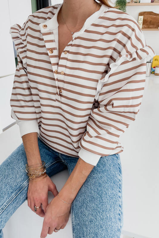 Brown Striped Ruffled Sleeve Buttoned Half-Placket Top