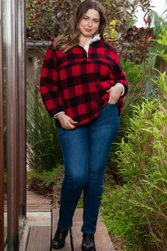 Red Plus Size Buffalo Plaid Sherpa Henley Sweatshirt