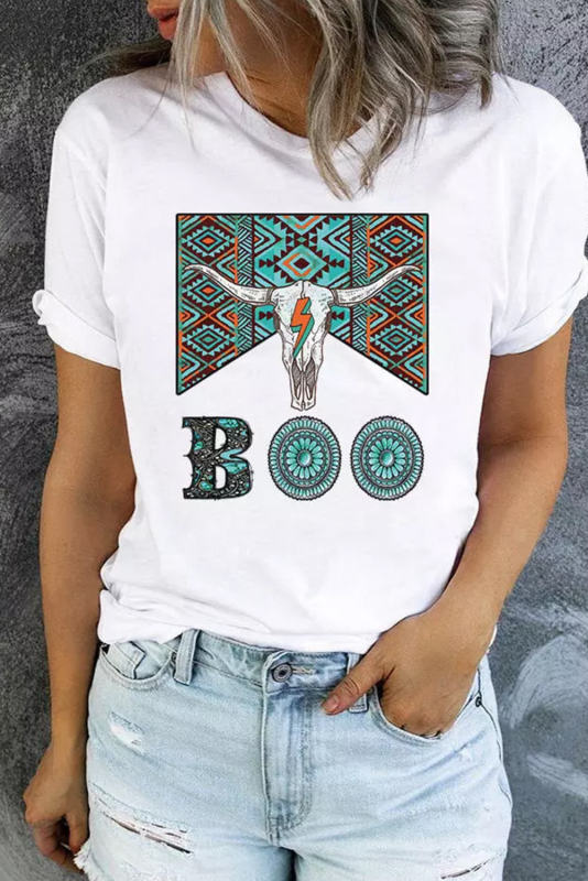 White Aztec Bull Head BOO Graphic Tee