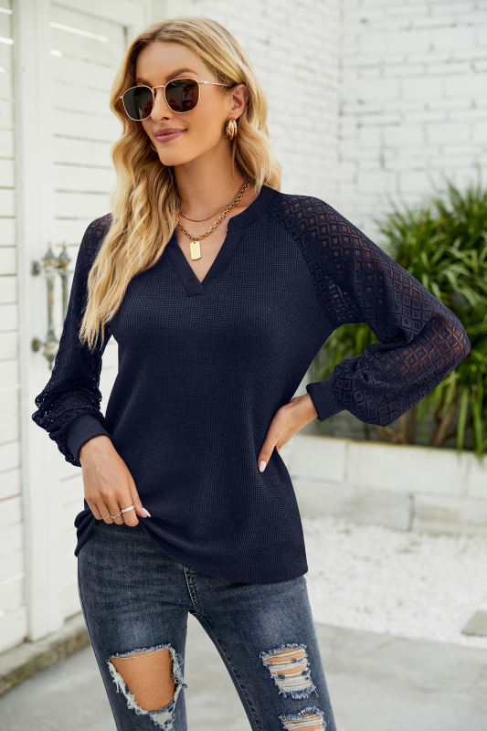 Navy Blue Waffle Splicing Lace Long Sleeve Tops