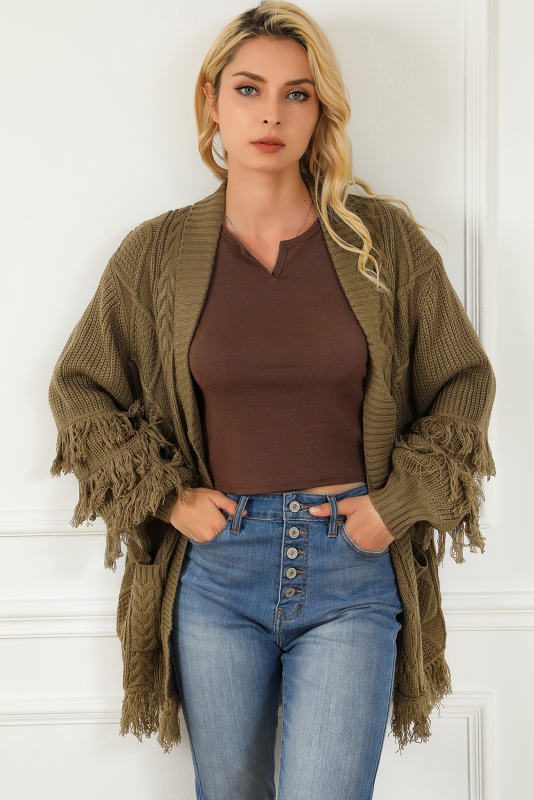 Brown Fringe Trim Cable Knit Open Cardigan