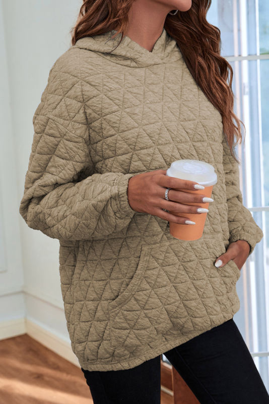 Apricot Solid Color Quilted Kangaroo Pocket Hoodie