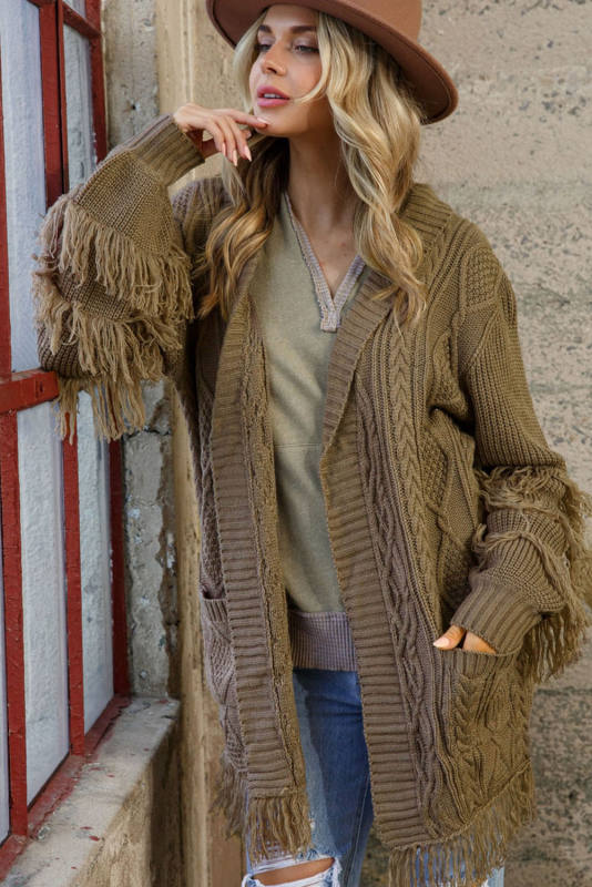 Brown Fringe Trim Cable Knit Open Cardigan