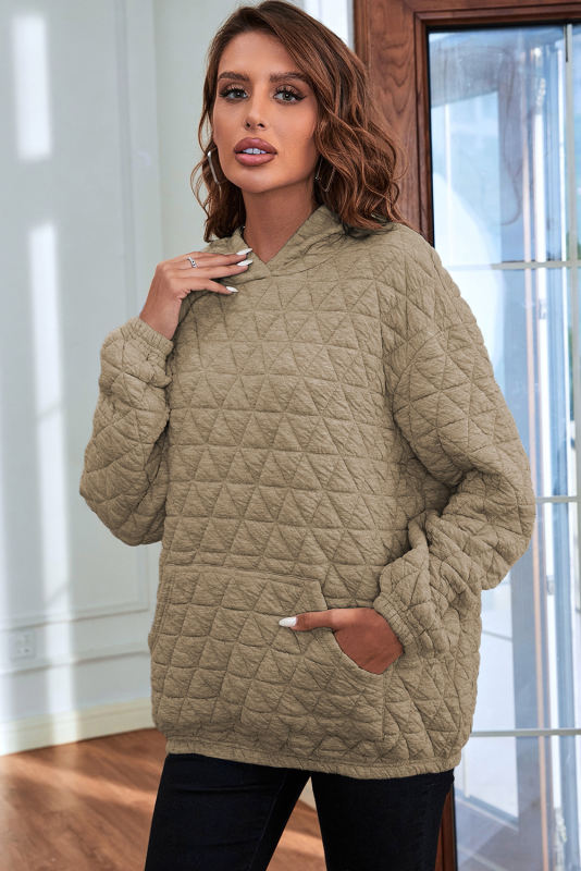 Apricot Solid Color Quilted Kangaroo Pocket Hoodie