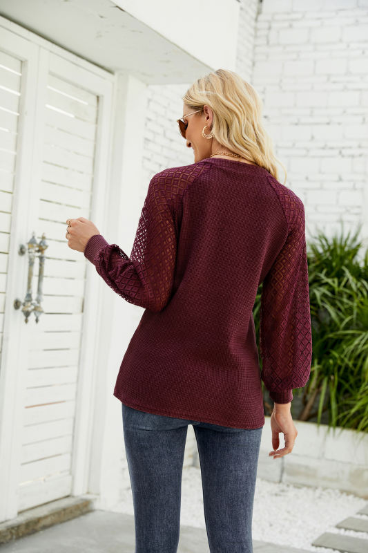 Wine Red Waffle Splicing Lace Long Sleeve Tops