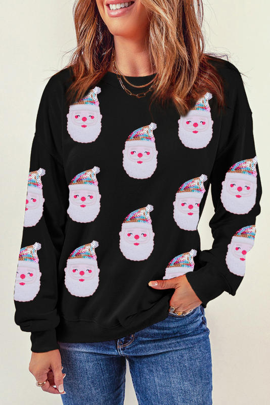 Black Sequined Christmas Santa Clause Graphic Sweatshirt