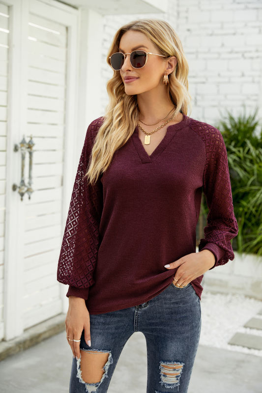 Wine Red Waffle Splicing Lace Long Sleeve Tops