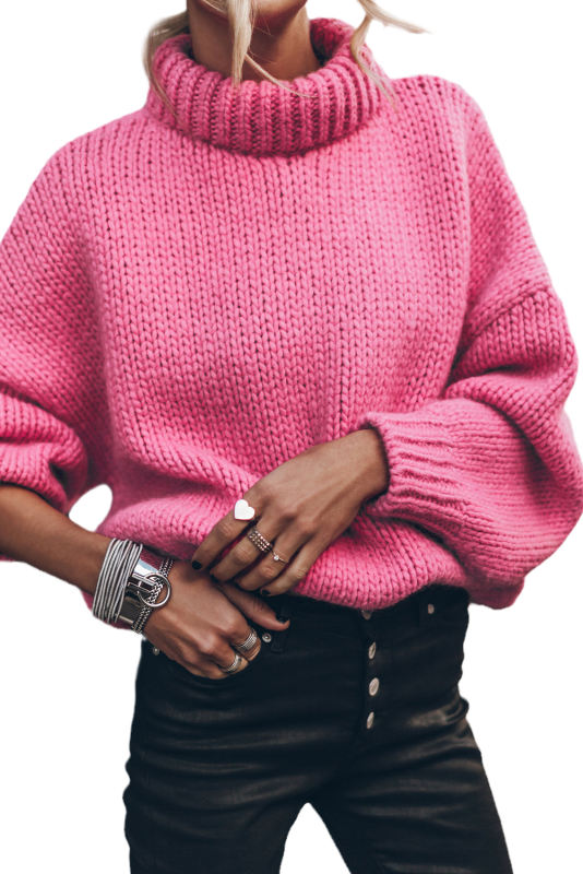 Rose Chunky Knit Turtle Neck Drop Shoulder Sweater