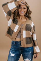 Brown Checkered Knit Ribbed Trim Buttoned Plus Cardigan