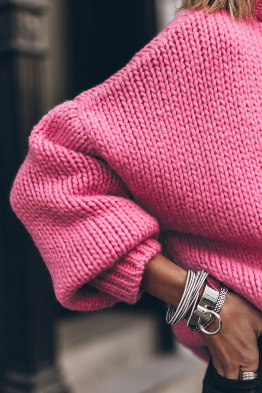 Rose Chunky Knit Turtle Neck Drop Shoulder Sweater