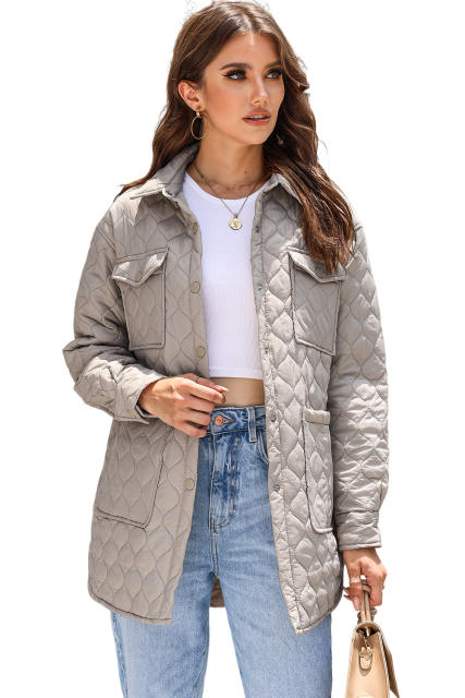 Beige 4 Big Pockets Quilted Button Down Puffer Coat