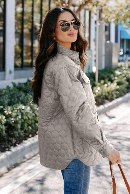 Beige 4 Big Pockets Quilted Button Down Puffer Coat