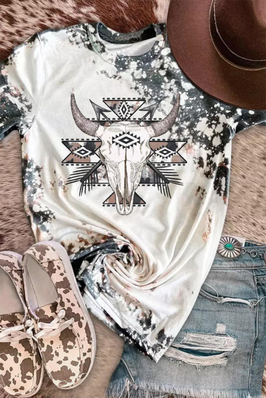 Gray Aztec Bull Skull Graphic Bleached Tie Dye T-shirt