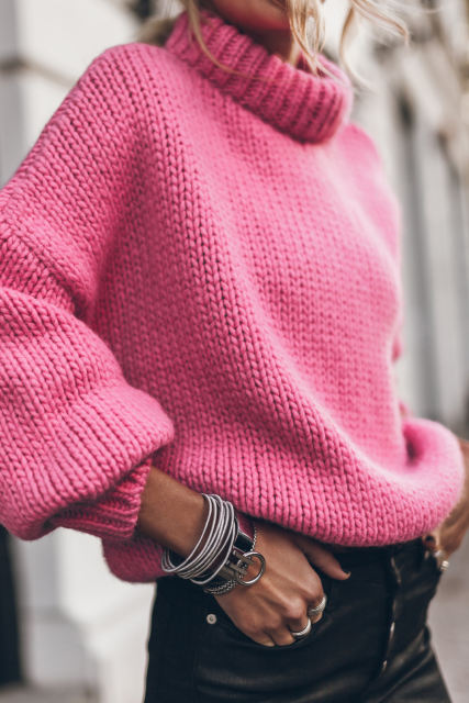 Rose Chunky Knit Turtle Neck Drop Shoulder Sweater