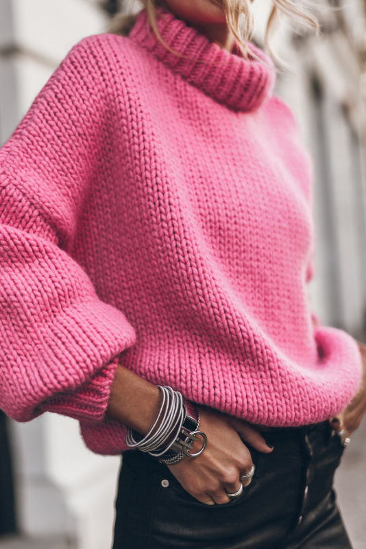 Rose Chunky Knit Turtle Neck Drop Shoulder Sweater
