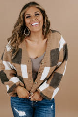 Brown Checkered Knit Ribbed Trim Buttoned Plus Cardigan