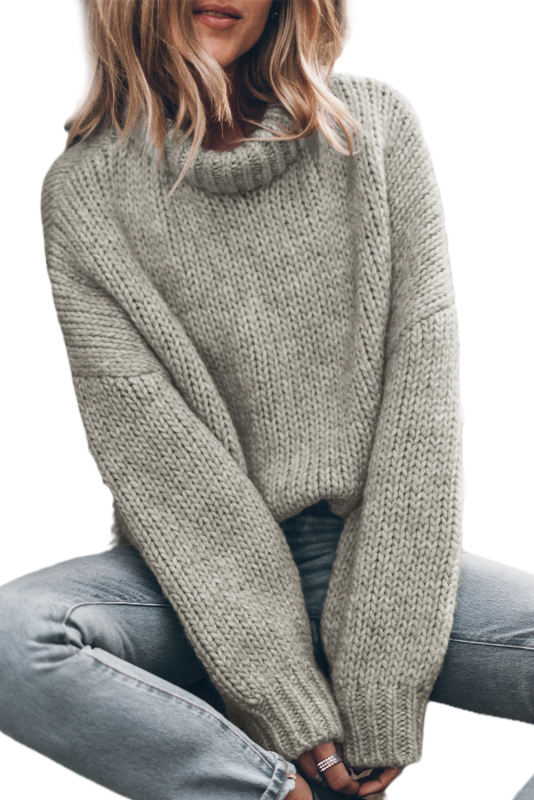 Light Grey Chunky Knit Turtle Neck Drop Shoulder Sweater