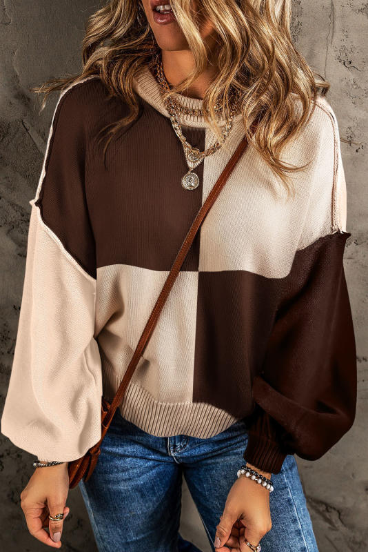 Chicory Coffee Contrast Color Exposed Seam Drop Shoulder Sweater