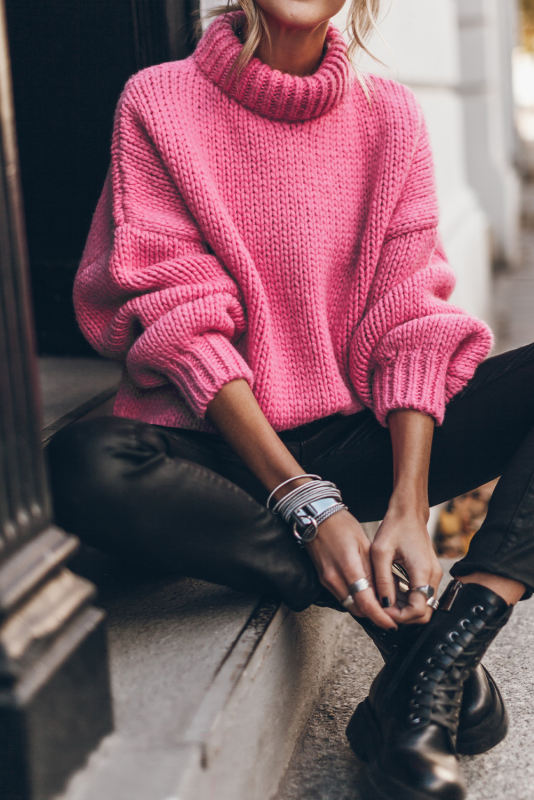 Rose Chunky Knit Turtle Neck Drop Shoulder Sweater
