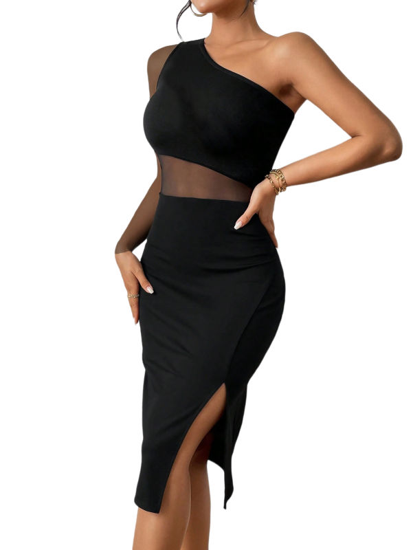 Black Spliched Mesh One-shoulder Split Bodycon Dress