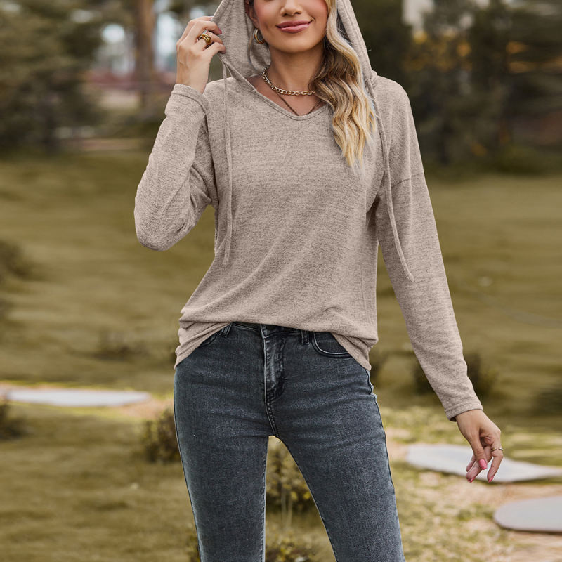 Khaki Cashmere V Neck Hooded Long Sleeve Tops