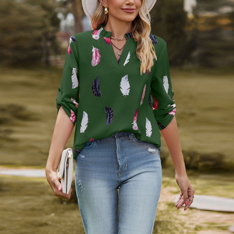 Blackish Green 3/4 Sleeve Feather Print V Neck Blouse