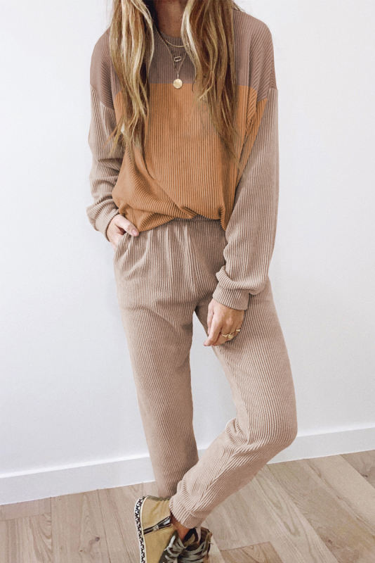 Brown Colorblock Corded 2pcs Slouchy Pants Outfit