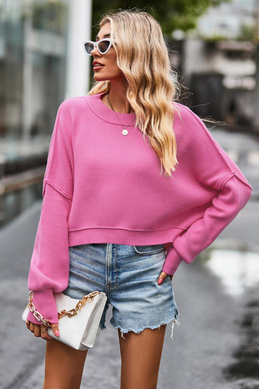 Dark Pink Ribbed Trim Drop Shoulder Baggy Sweater