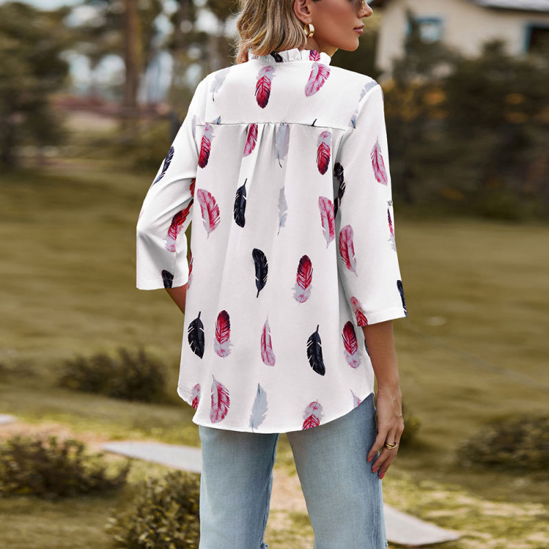 White 3/4 Sleeve Feather Print V Neck Blouse