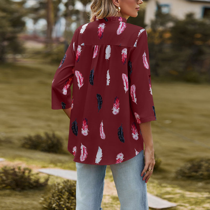 Wine Red 3/4 Sleeve Feather Print V Neck Blouse