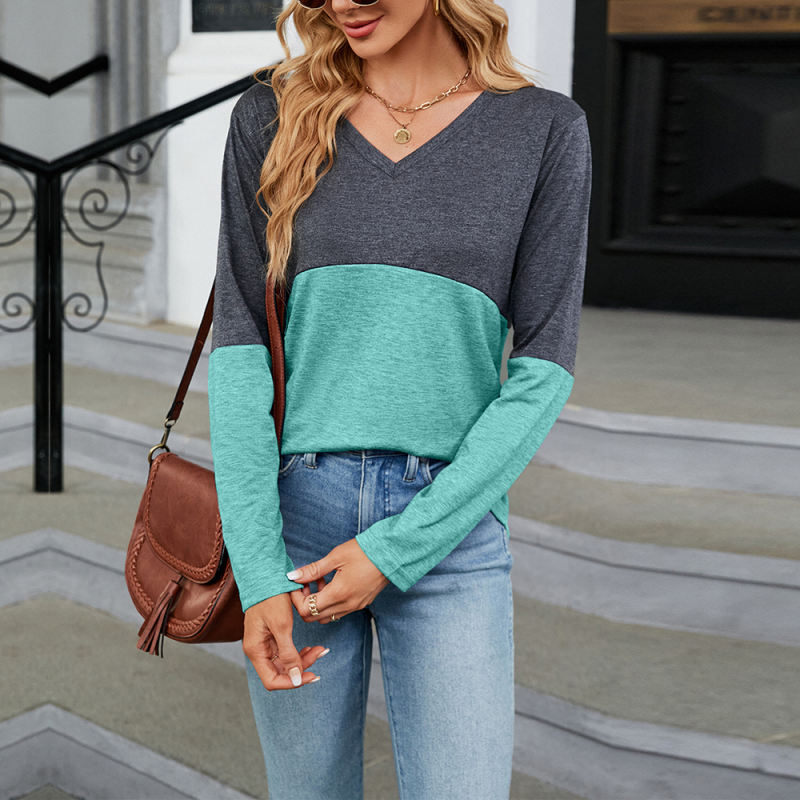 Light Green Color Block V Neck Long Sleeve Tops