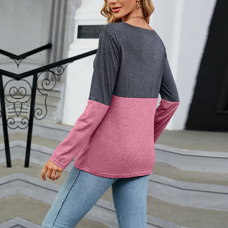 Pink Color Block V Neck Long Sleeve Tops