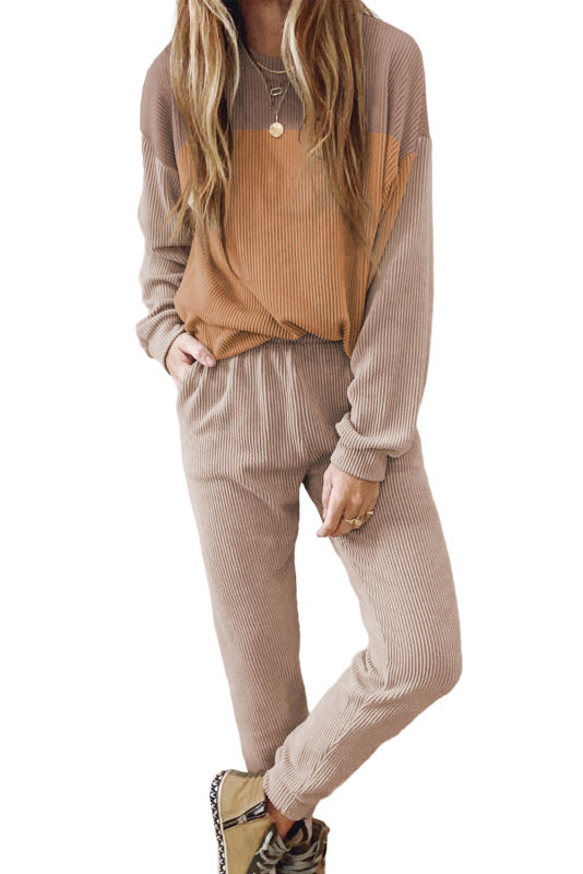Brown Colorblock Corded 2pcs Slouchy Pants Outfit